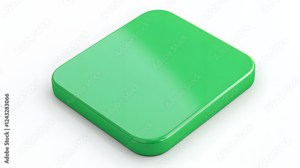 Poster blank mobile application icon, button - green square with round corners. 3d rendering, white backgro