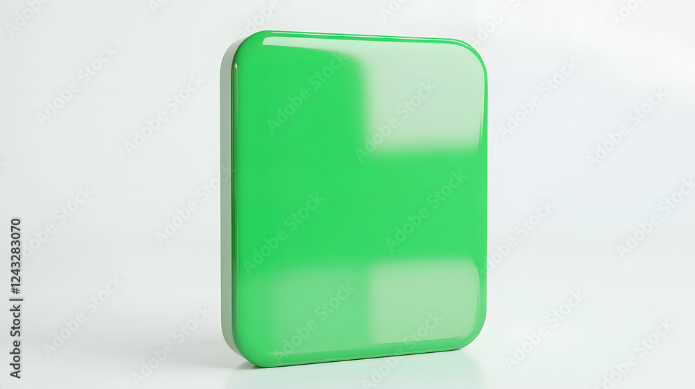 Poster blank mobile application icon, button - green square with round corners. 3d rendering, white backgro