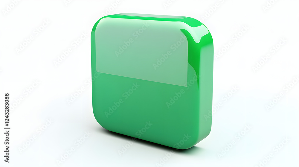Poster blank mobile application icon, button - green square with round corners. 3d rendering, white backgro