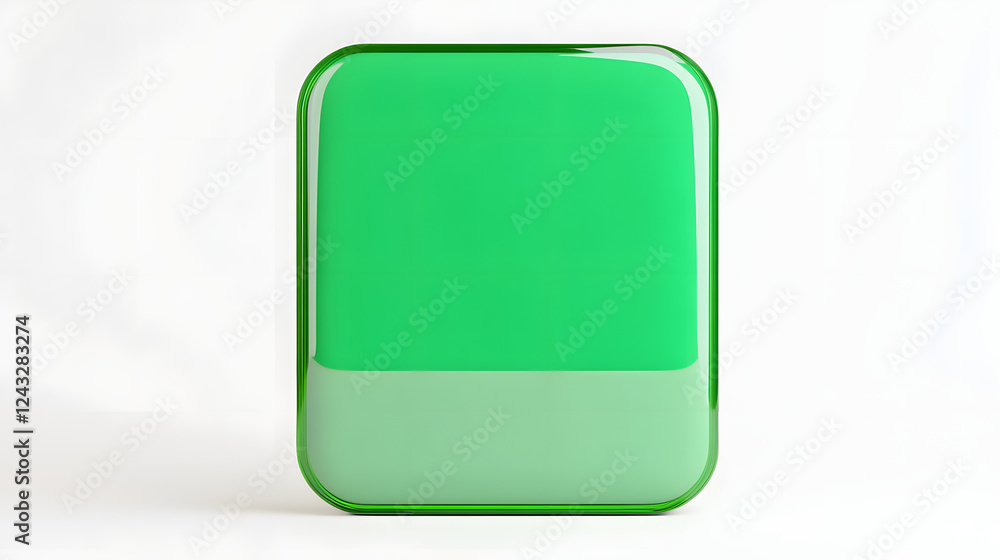 Poster blank mobile application icon, button - green square with round corners. 3d rendering, white backgro