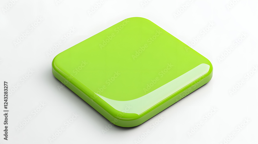 Poster blank mobile application icon, button - green square with round corners. 3d rendering, white backgro