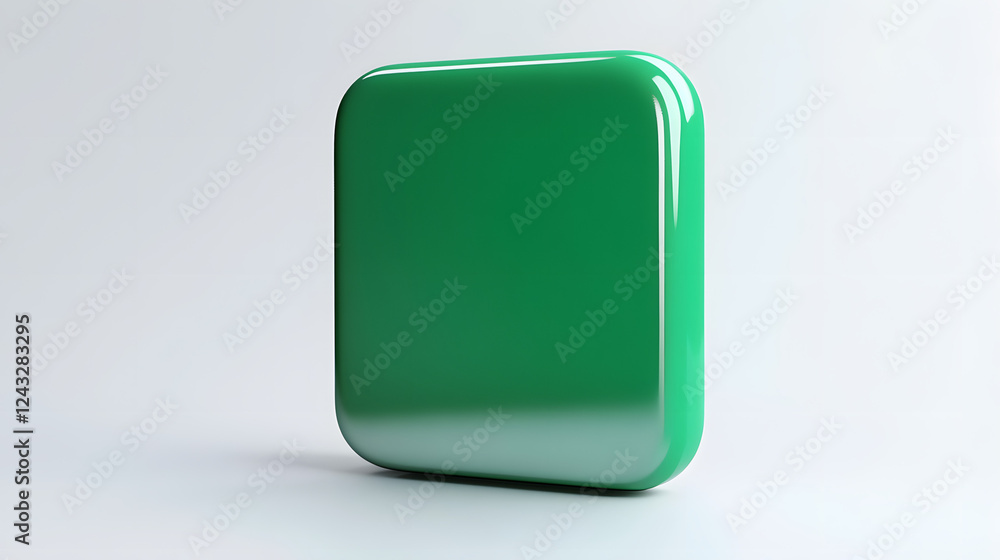 Poster blank mobile application icon, button - green square with round corners. 3d rendering, white backgro