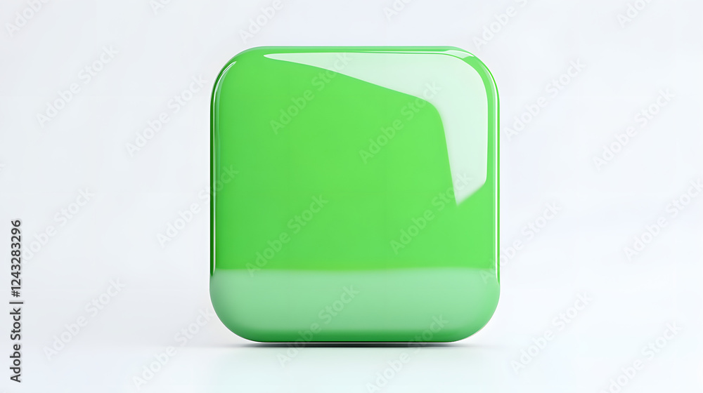 Poster blank mobile application icon, button - green square with round corners. 3d rendering, white backgro