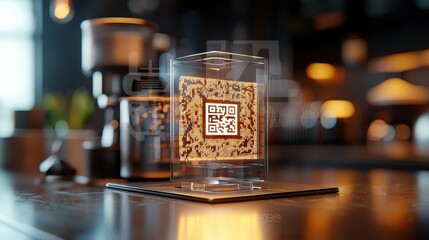 A glowing QR code sits within a transparent display, surrounded by a modern, coffee-themed setting, evoking a sense of technology and innovation.