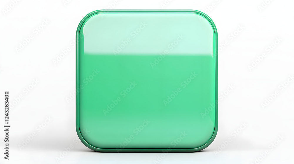 Poster blank mobile application icon, button - green square with round corners. 3d rendering, white backgro