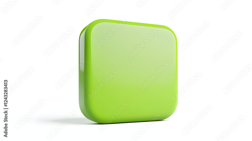 Poster blank mobile application icon, button - green square with round corners. 3d rendering, white backgro