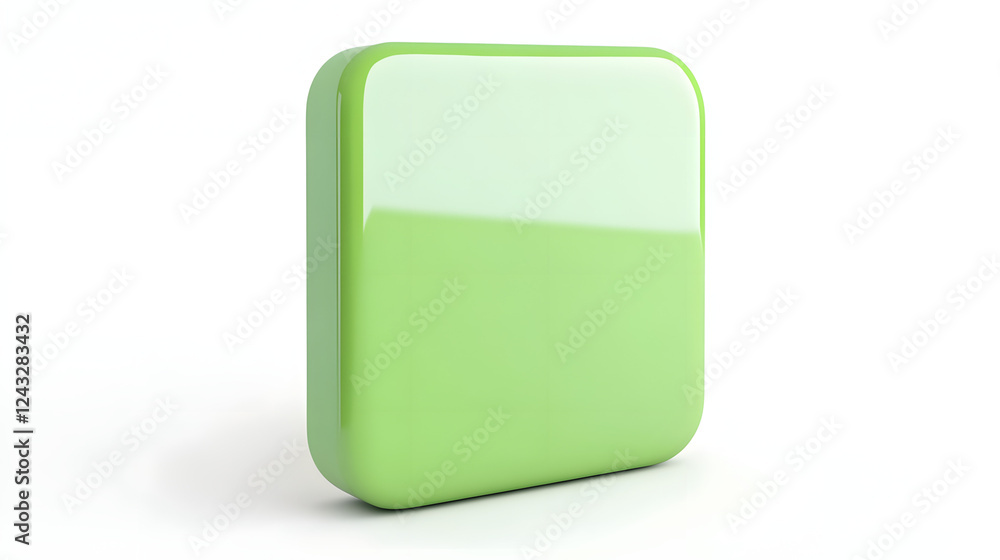 Poster blank mobile application icon, button - green square with round corners. 3d rendering, white backgro