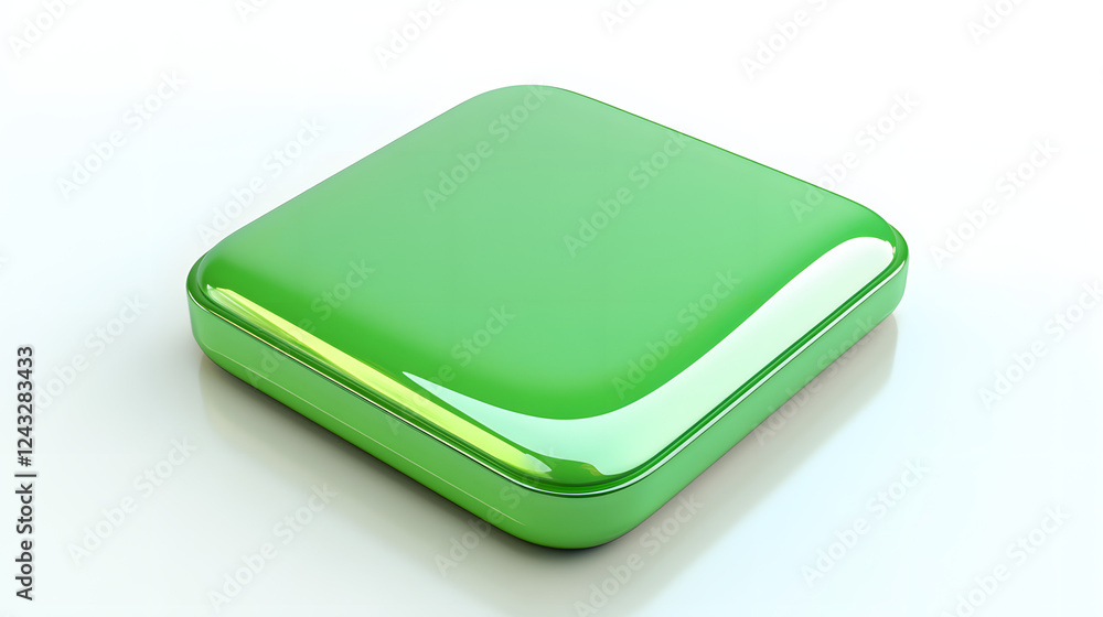 Poster blank mobile application icon, button - green square with round corners. 3d rendering, white backgro