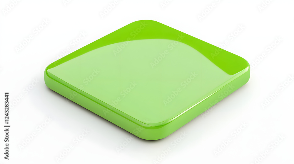 Poster blank mobile application icon, button - green square with round corners. 3d rendering, white backgro