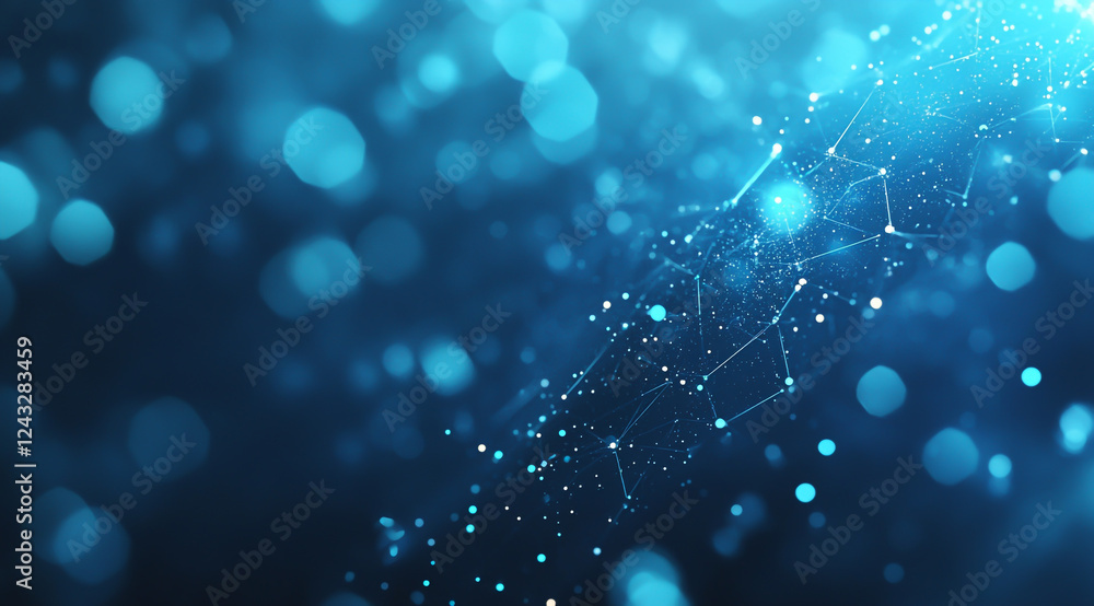 Poster abstract blue background with hexagonal shapes and glowing dots, symbolizing technology or science, 
