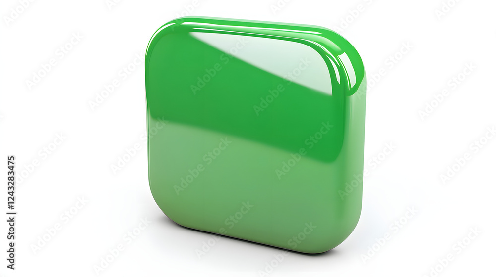 Poster blank mobile application icon, button - green square with round corners. 3d rendering, white backgro