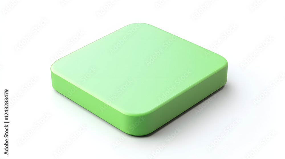 Aufkleber blank mobile application icon, button - green square with round corners. 3d rendering, white backgro