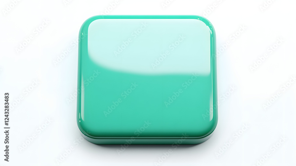 Poster blank mobile application icon, button - green square with round corners. 3d rendering, white backgro