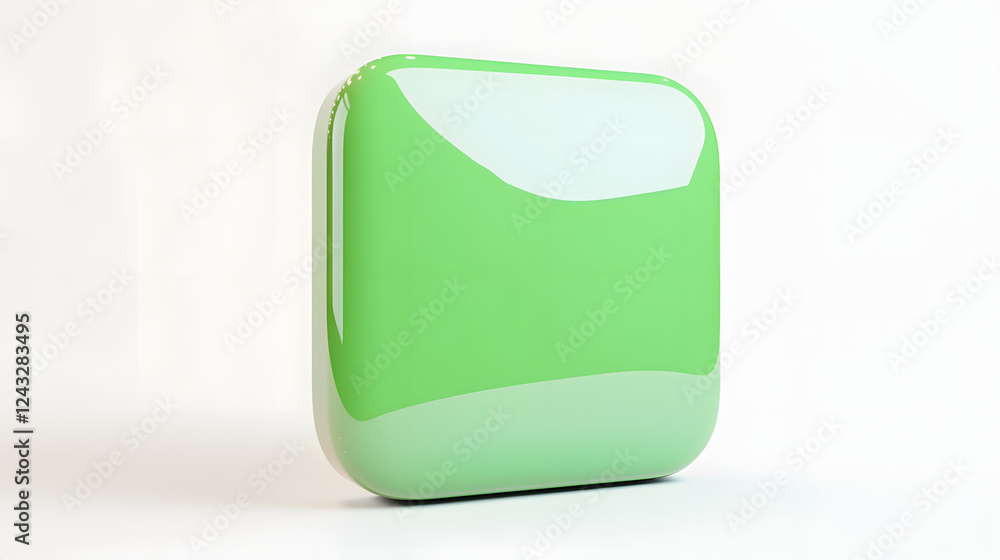 Poster blank mobile application icon, button - green square with round corners. 3d rendering, white backgro