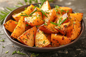 Herb-seasoned roasted potatoes in a bowl with fresh rosemary garnish