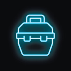 Blue neon toolbox icon glowing against a black background