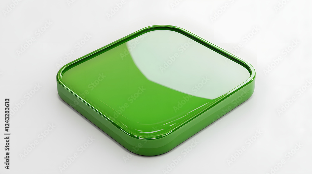 Aufkleber blank mobile application icon, button - green square with round corners. 3d rendering, white backgro
