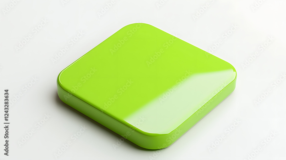 Aufkleber blank mobile application icon, button - green square with round corners. 3d rendering, white backgro