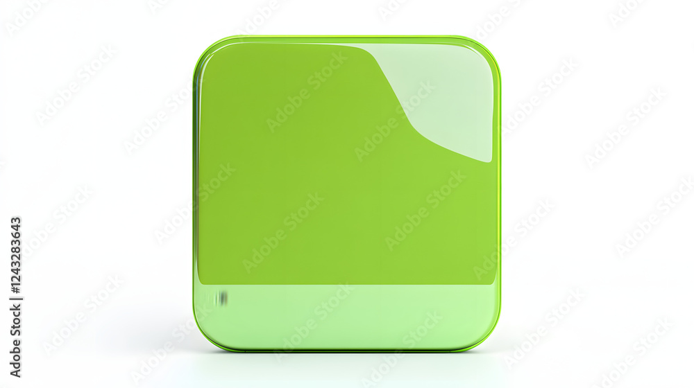 Poster blank mobile application icon, button - green square with round corners. 3d rendering, white backgro