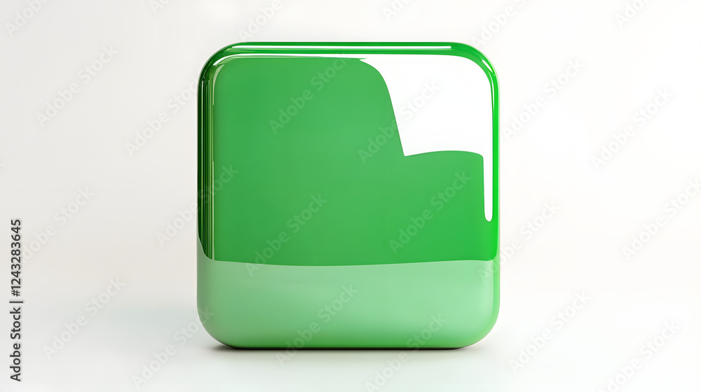 Poster blank mobile application icon, button - green square with round corners. 3d rendering, white backgro