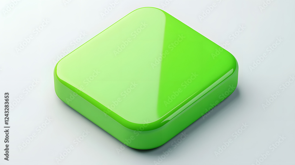 Poster blank mobile application icon, button - green square with round corners. 3d rendering, white backgro