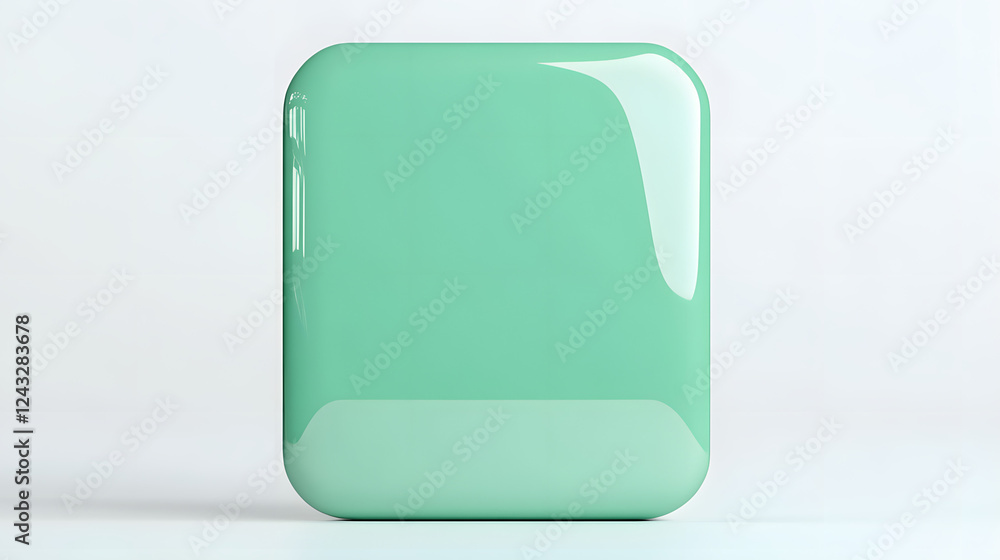 Poster blank mobile application icon, button - green square with round corners. 3d rendering, white backgro