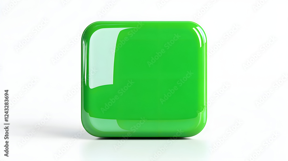 Poster blank mobile application icon, button - green square with round corners. 3d rendering, white backgro