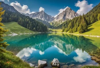 A stunning mountain lake with crystal clear water surrounded by colorful mountains