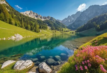 A stunning mountain lake with crystal clear water surrounded by colorful mountains