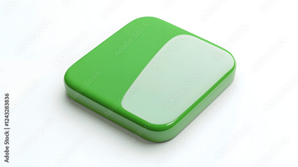 Poster blank mobile application icon, button - green square with round corners. 3d rendering, white backgro