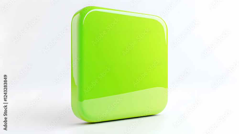 Poster blank mobile application icon, button - green square with round corners. 3d rendering, white backgro