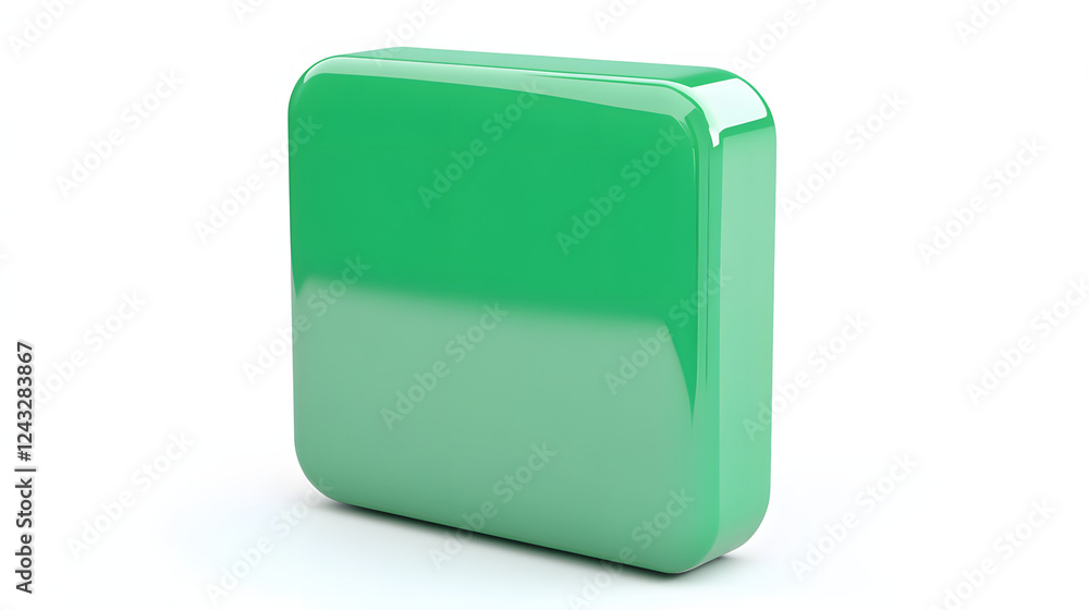Aufkleber blank mobile application icon, button - green square with round corners. 3d rendering, white backgro