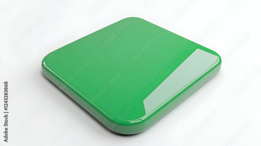 Poster blank mobile application icon, button - green square with round corners. 3d rendering, white backgro