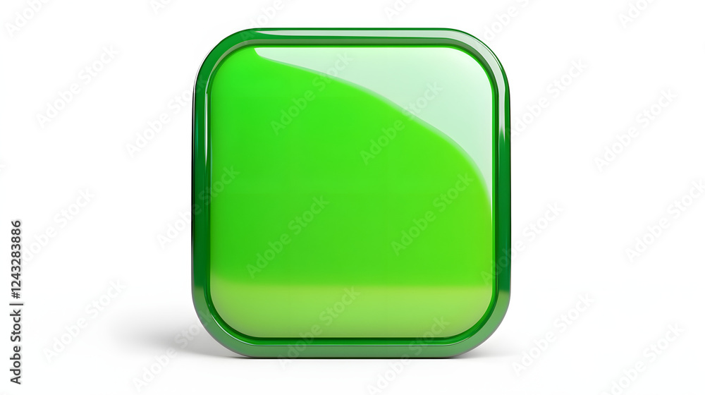Poster blank mobile application icon, button - green square with round corners. 3d rendering, white backgro