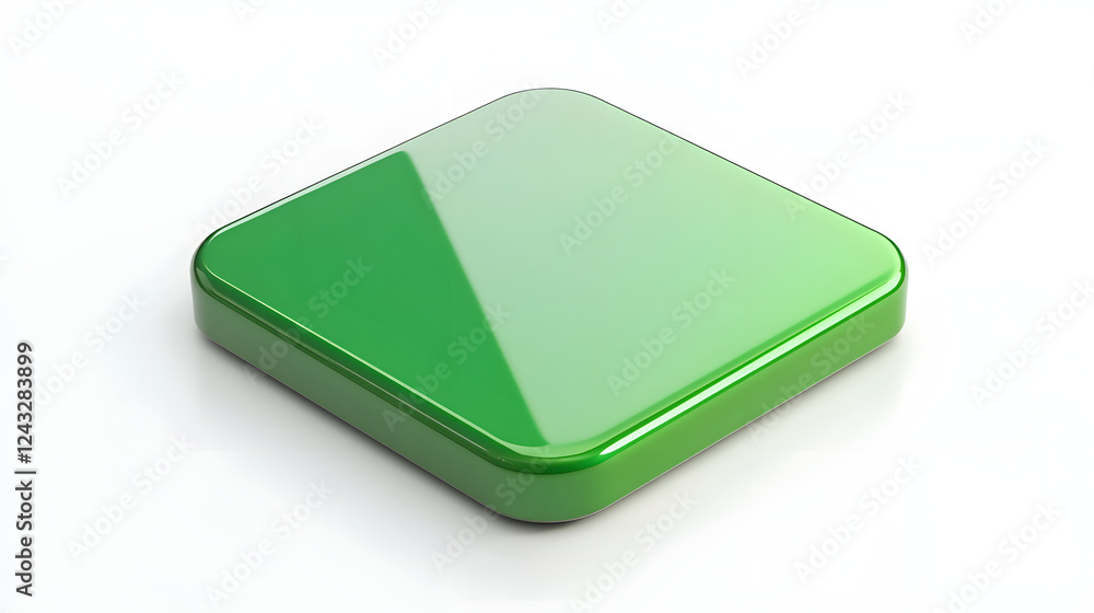 Poster blank mobile application icon, button - green square with round corners. 3d rendering, white backgro