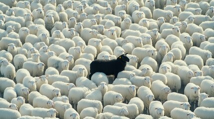Fototapeta premium Black sheep amidst white flock grazing pasture