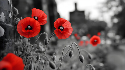 black-and-white photo with only the red poppies in color, emphasizing love and remembrance 