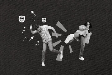 Creative collage illustration of two positive overjoyed black white gamma people enjoy dancing...