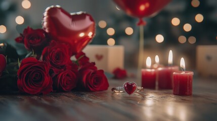 A Romantic Valentine's Day Arrangement: A Sparkling Diamond Ring Nestled Beside a Delicate Red Heart, Surrounded by a Bouquet of Lush Red Roses and Flickering Candles, All Bathed in a Soft, Dreamy Lig