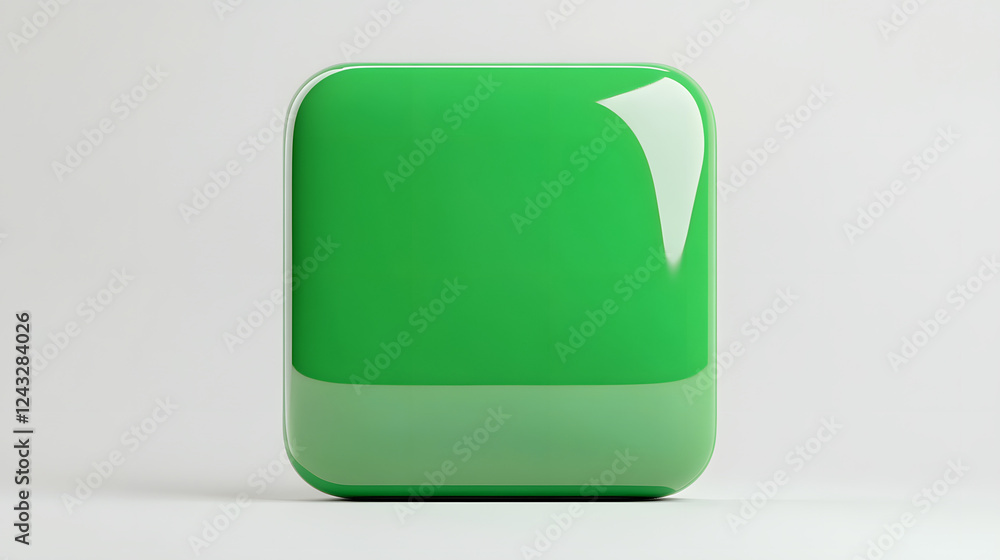 Aufkleber blank mobile application icon, button - green square with round corners. 3d rendering, white backgro