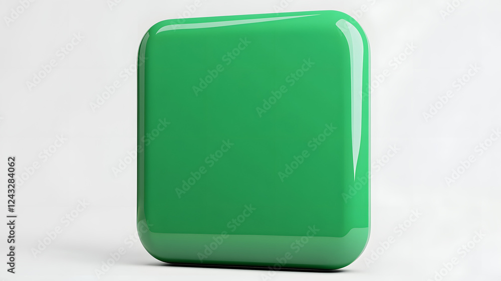 Poster blank mobile application icon, button - green square with round corners. 3d rendering, white backgro