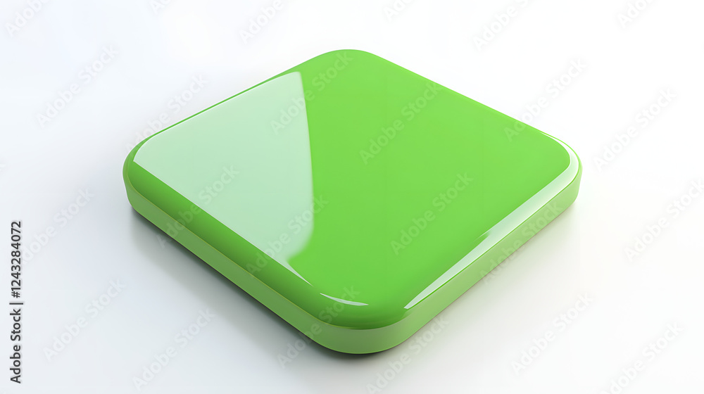 Poster blank mobile application icon, button - green square with round corners. 3d rendering, white backgro