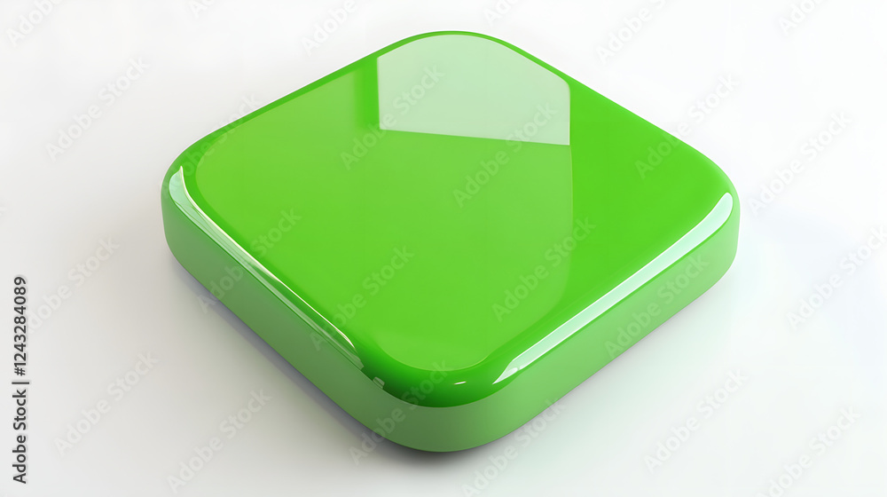 Aufkleber blank mobile application icon, button - green square with round corners. 3d rendering, white backgro