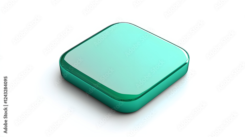 Aufkleber blank mobile application icon, button - green square with round corners. 3d rendering, white backgro