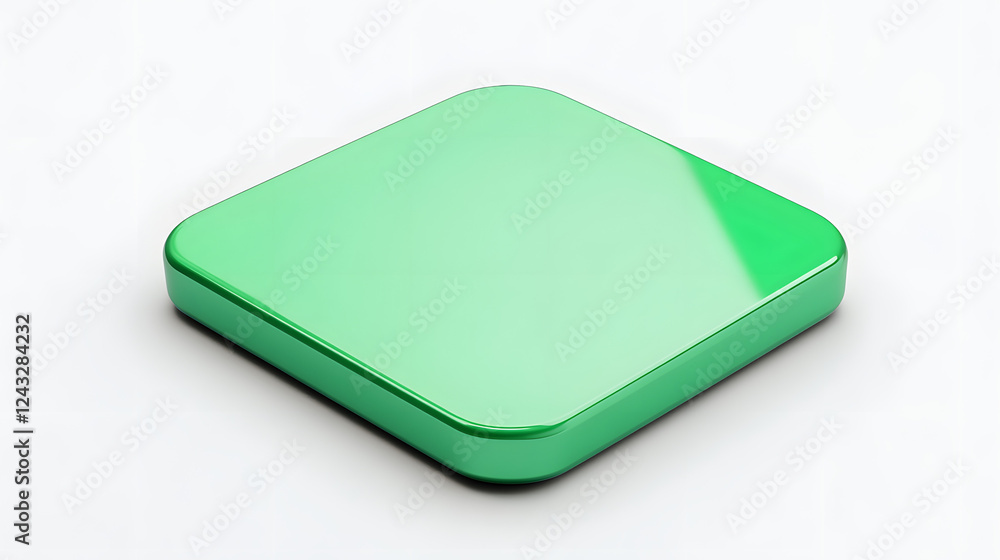 Poster blank mobile application icon, button - green square with round corners. 3d rendering, white backgro