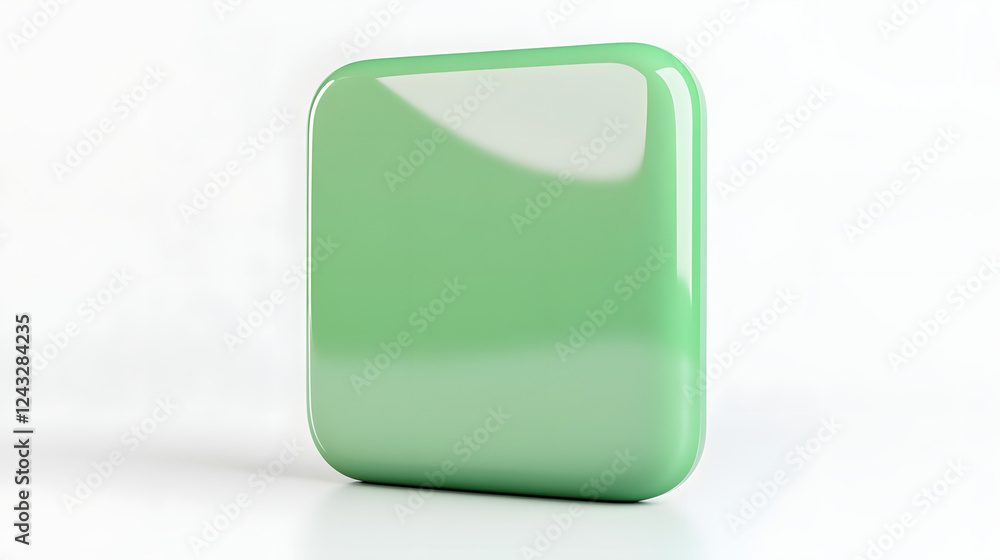 Poster blank mobile application icon, button - green square with round corners. 3d rendering, white backgro