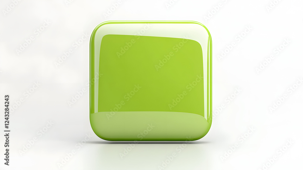 Aufkleber blank mobile application icon, button - green square with round corners. 3d rendering, white backgro
