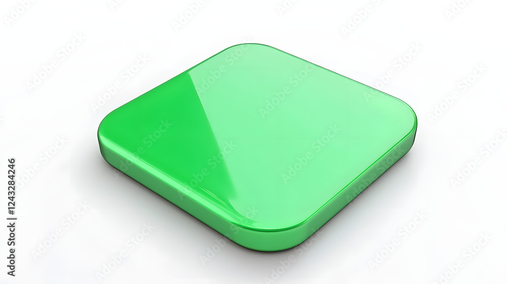 Poster blank mobile application icon, button - green square with round corners. 3d rendering, white backgro