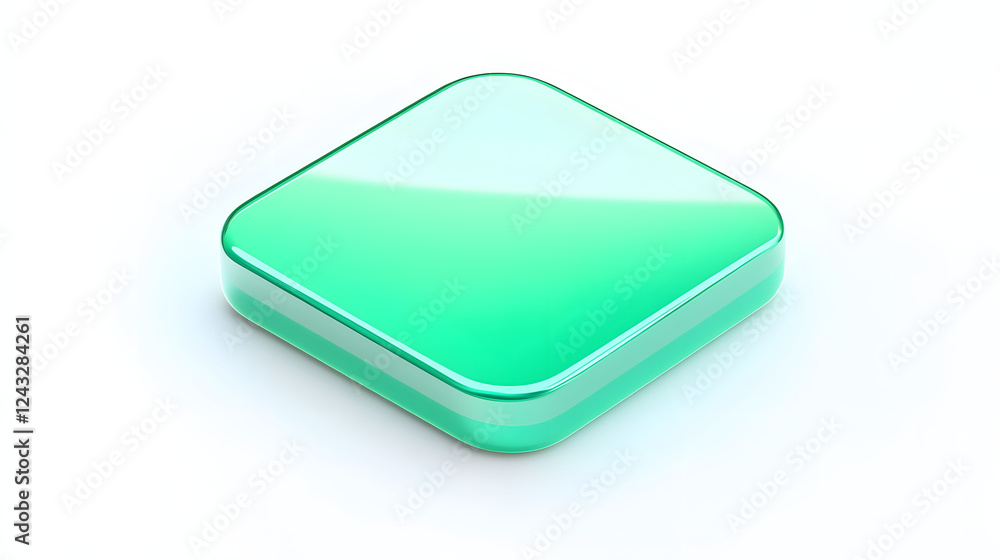 Poster blank mobile application icon, button - green square with round corners. 3d rendering, white backgro