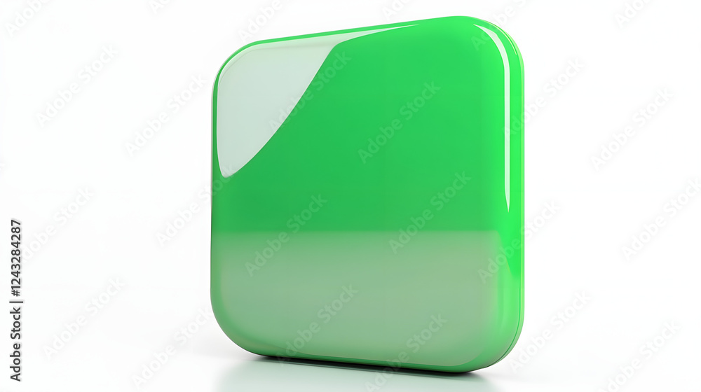 Poster blank mobile application icon, button - green square with round corners. 3d rendering, white backgro
